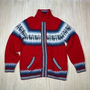 Alpaca Connection Red Wool Full Zip Llama Peru Knit Fair Isle Nordic Sweater XL